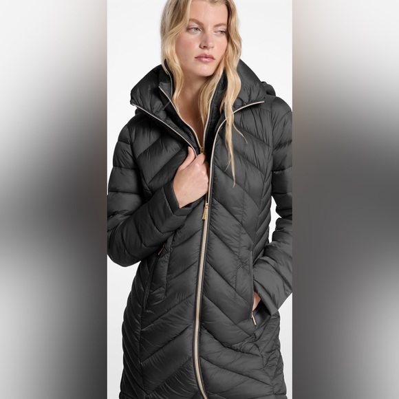 Michael Kors Black Puffer Coat with Chevron Quilting and Belted Waist - Picture 1 of 12